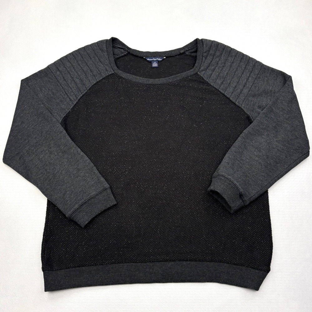 American Eagle Womens Large Black Charcoal Moto Quilted Raglan Sleeve Sweater L